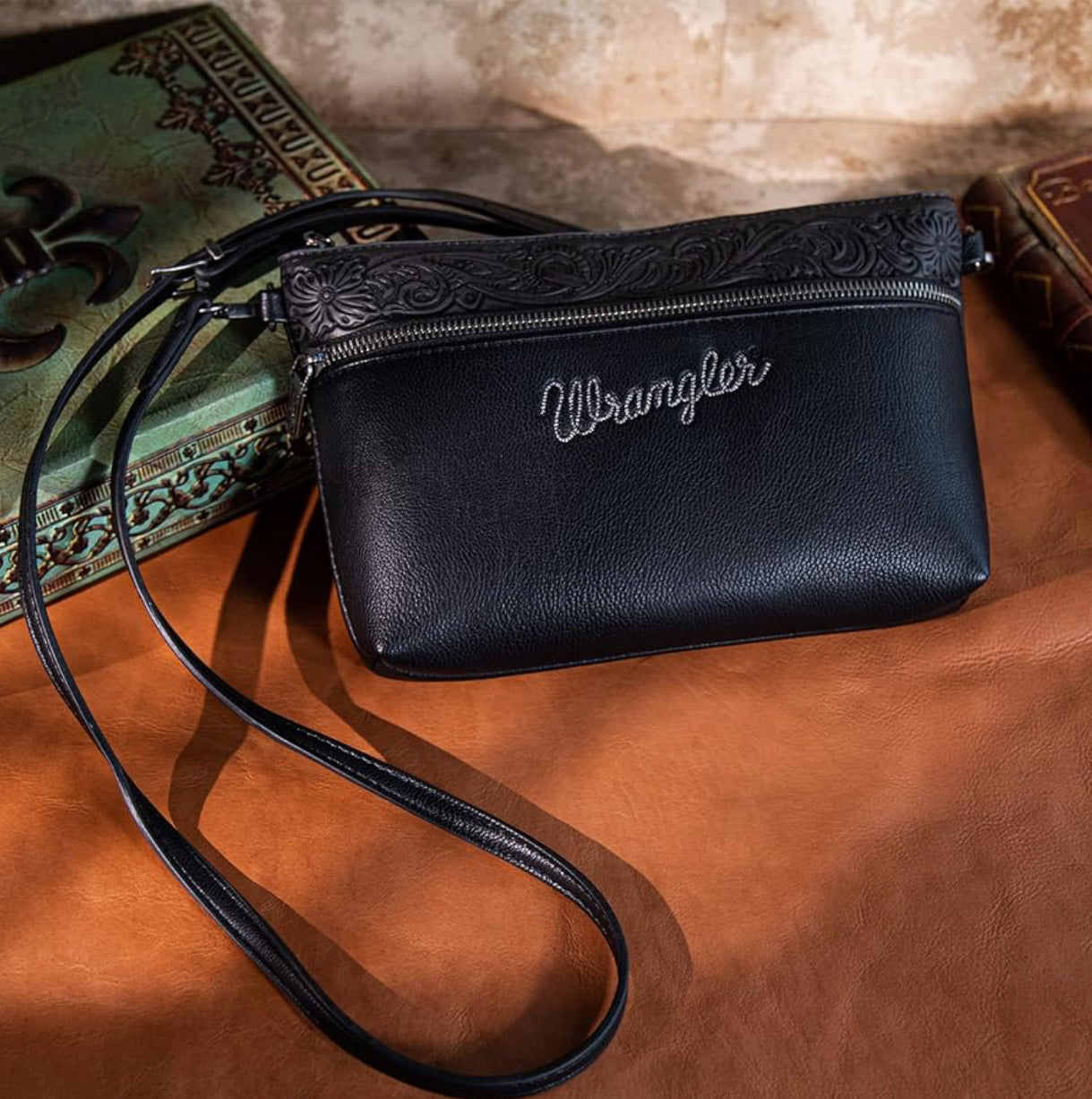 Wrangler® Wristlet - Black Tooled Leather