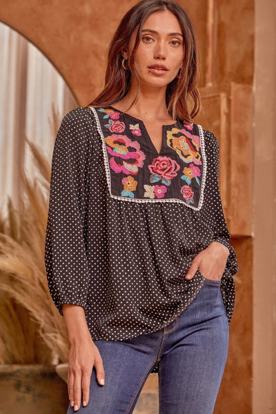 Perfectly Polka Dot Embroidery Top - Black