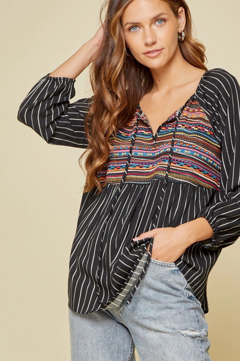 Striped Bohemian Embroidery Top - Black