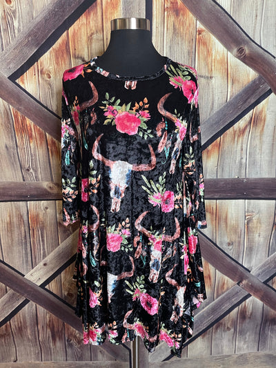 Black Floral Bull Skull Tunic Dress